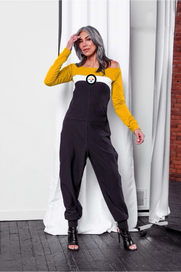 Off shoulder jumpsuit with gold sleeves, white stripe, black body, and Steelers logo on the center of the chest with front patch pockets.